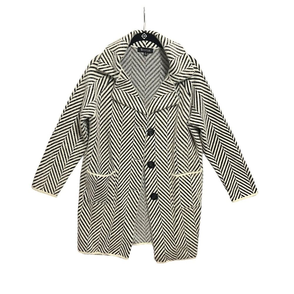 Chic Cozy Furry Herringbone ii Sisters Black Ivory Knit Pea Coat Jacket Sz S